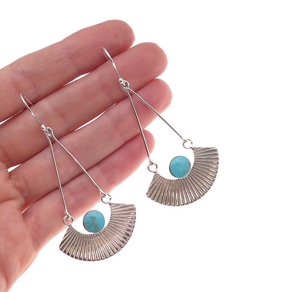 925 Sterling Silver Vintage Mexico Turquoise Modernist Dangle Earrings